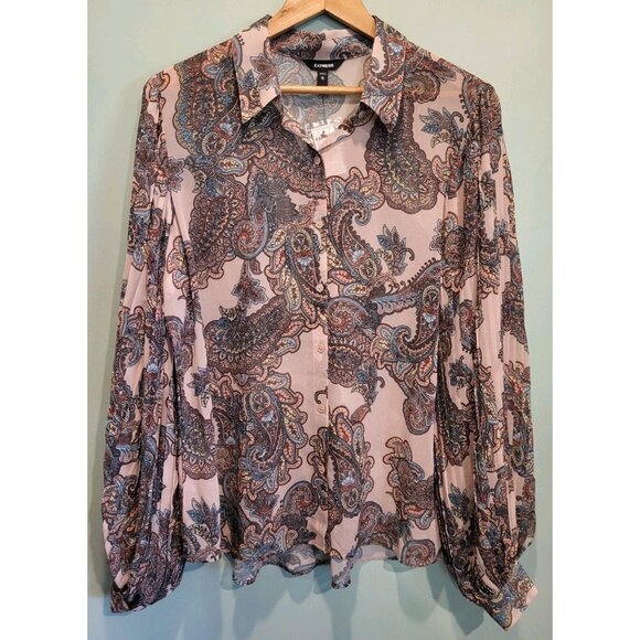 New Express Sheer Pink Blue  Paisley Balloon Sleeve Button Up Shirt XL - Picture 1 of 8